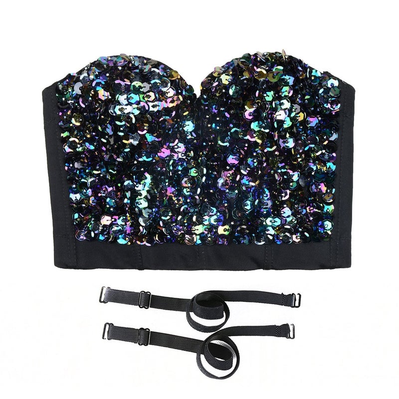 ELLACCI Sexy Sequin Bustier Crop Top Push up Club Party Corset Top Black Large - Image 4